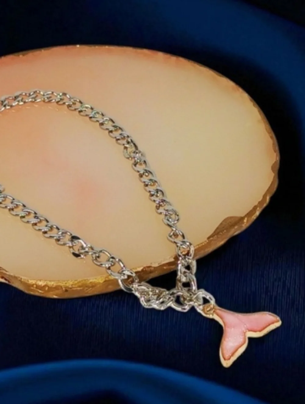 White Gold Ankle Bracelet with Pink Mermaid Tail Preppy Oceancore Seaside Beachy